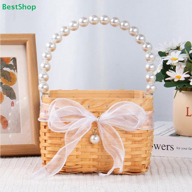 Woven Rattan Wedding Flower Girl Basket with Pearl Handle & Ribbon Bow,Handwoven Storage Basket for Wedding, Party & Home Decor