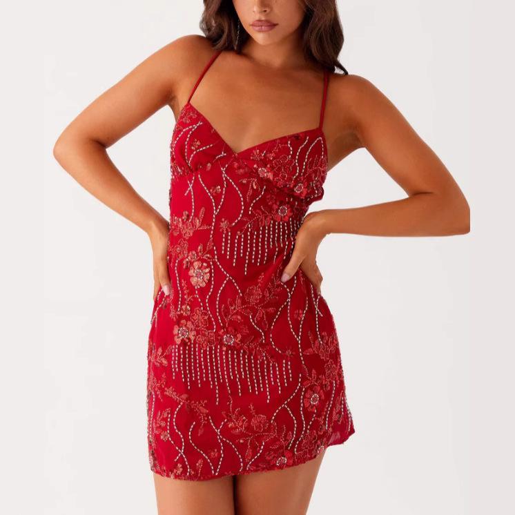 Women s V Neck Sleeveless High Waist Beaded Embroidery A Line Mini Dress Party Dress M