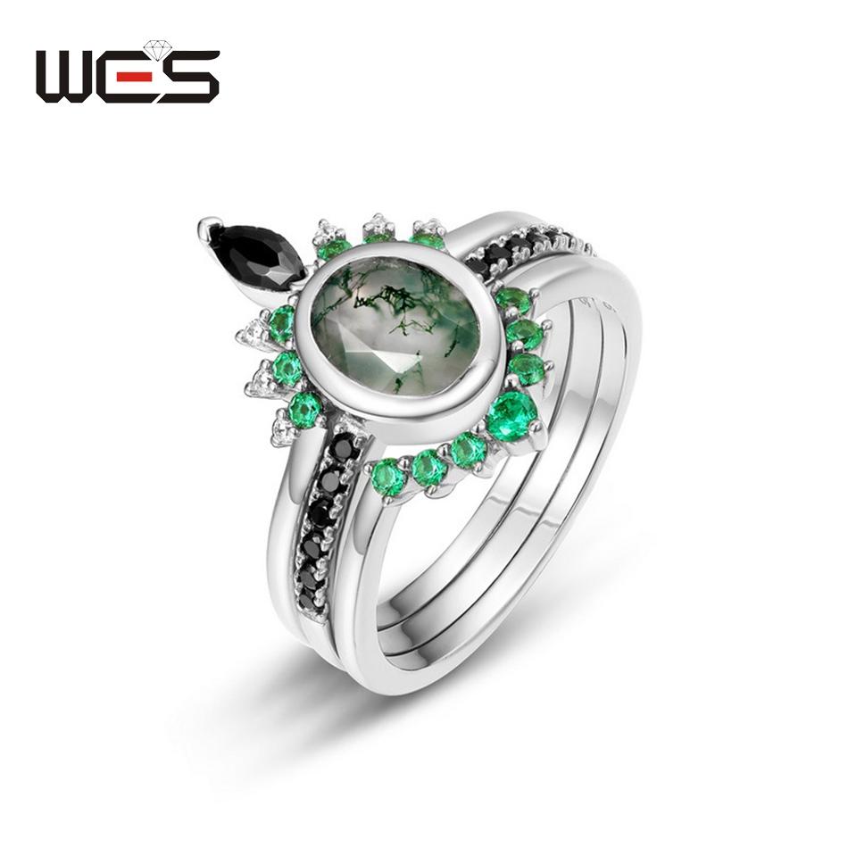 WES   CopperKite Cut Natural Moss Agate Gold Ring Sets For Woman Wedding Bridal Set Valentine Gift Jewelry
