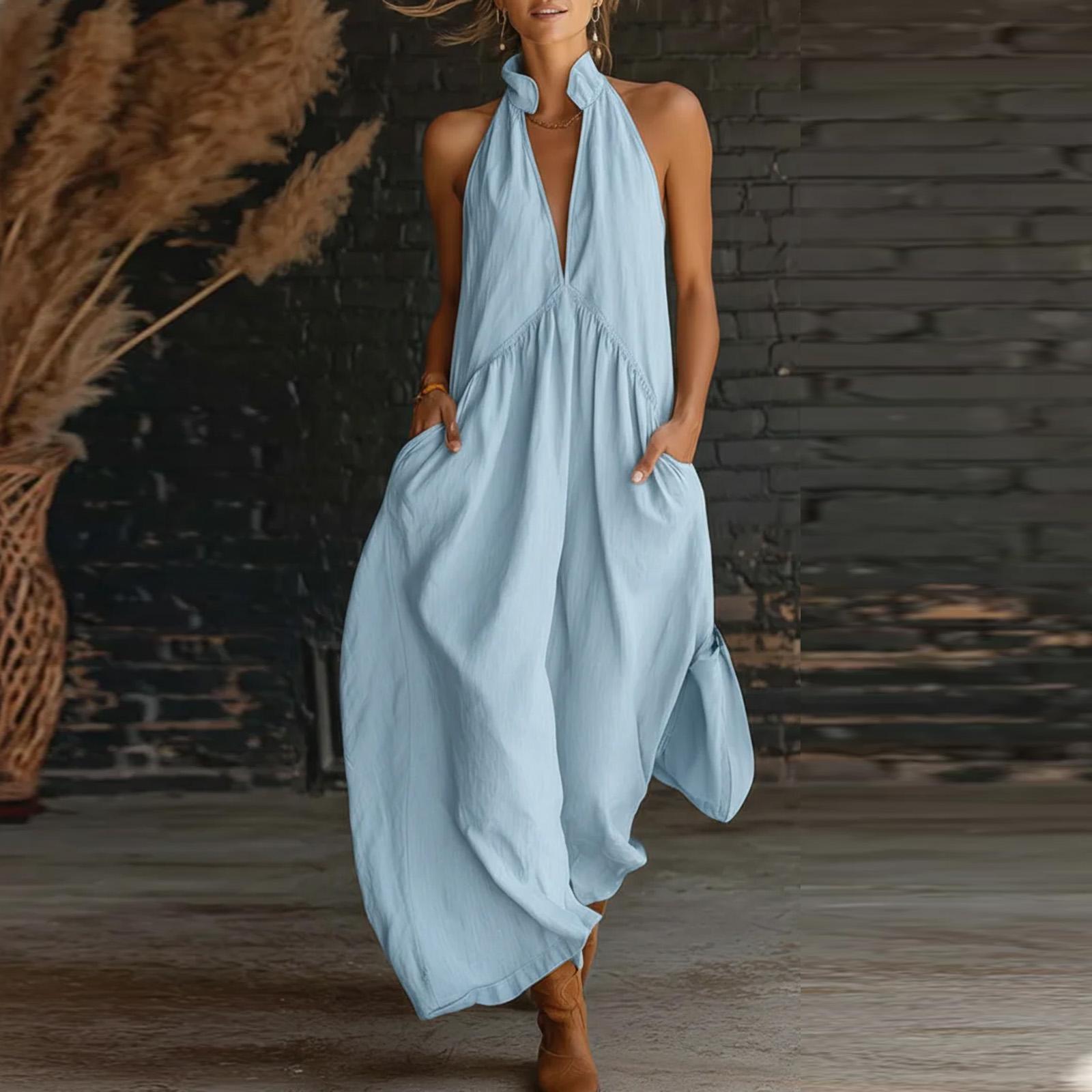 

Women’s Neck Maxi Dress Sleeveless Loose Fit Long Dress with Side Pockets Casual Bohemian Style Summer Outfit S