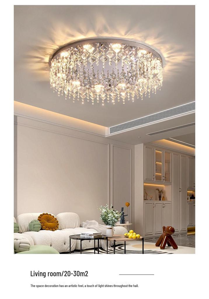 Luxurious French Crystal Ceiling Lamp - High-End Stainless Steel Round Fixture for Living Room or Master Bedroom.