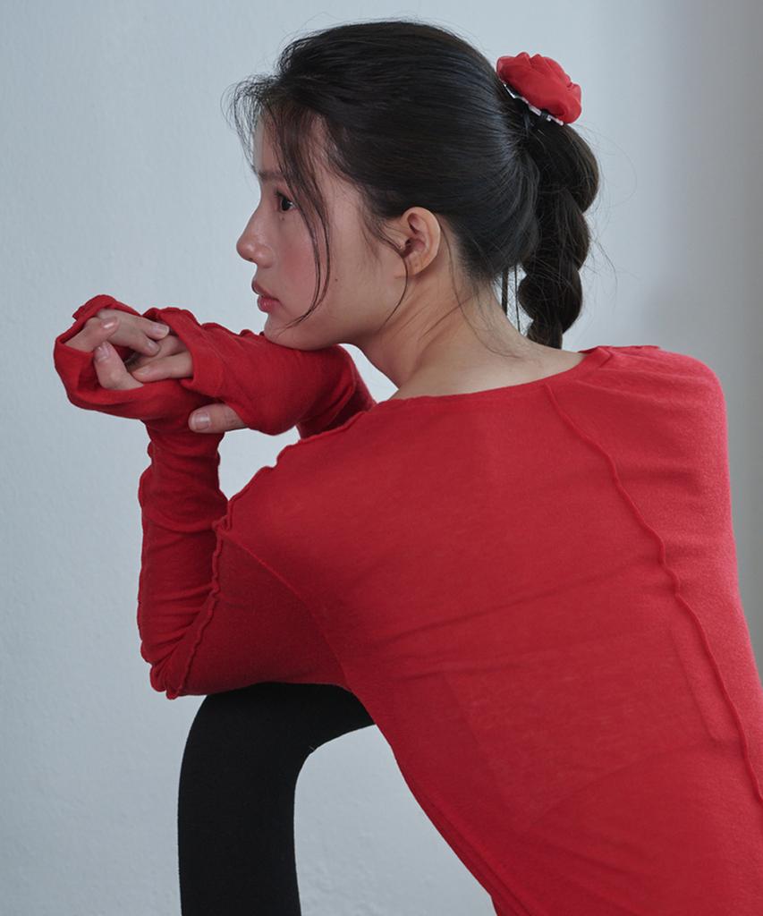 OPENING SUNSHINE See-Through Wool Jersey T-Shirt Red