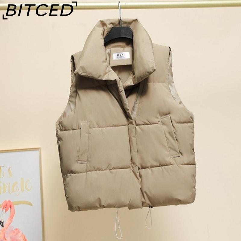 BITCED Autumn/Winter Puffer Jacket with Stand Collar and Zip Fastening Cotton-Filled Waistcoat, Vest, Jacket, or Light Outerwear
