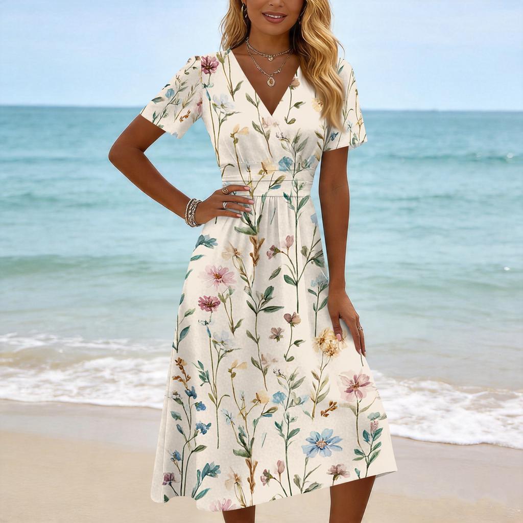 Women's Casual Fashion Floral Print Short-Sleeve V-Neck Dress