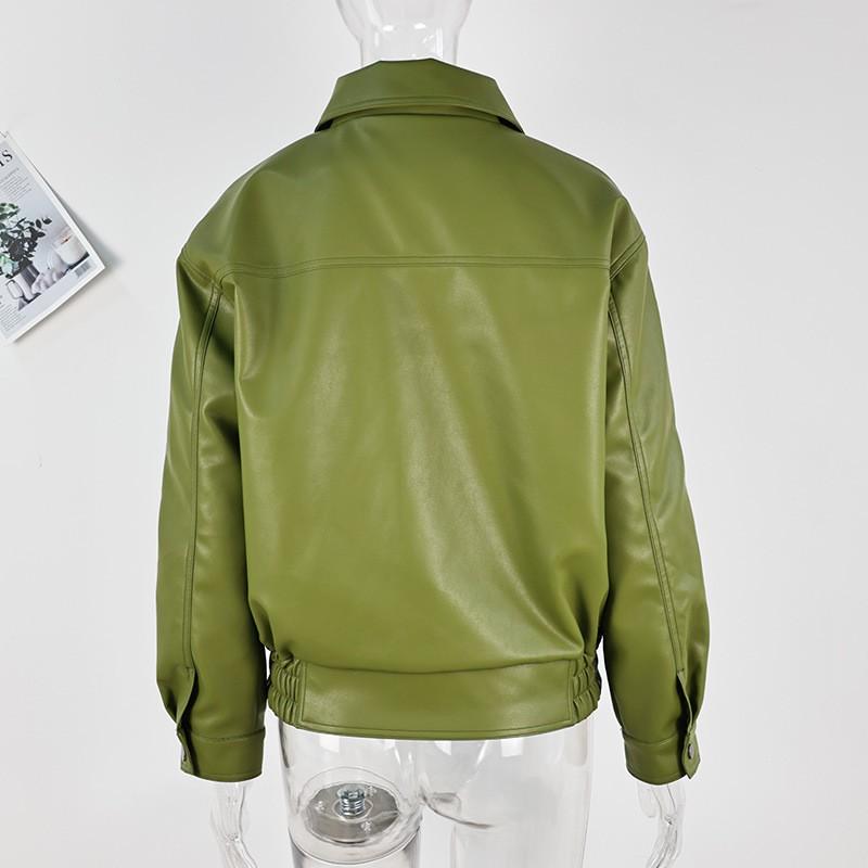 Womens Green Faux Leather Jacket With Turn-Down Collar Loose Fit Street Style Outerwear Fall Winter