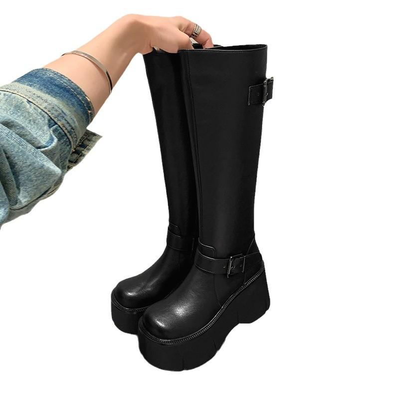 2026Women's Shoes Basic Women's Boots Classics Knee-High Boots Women Belt Buckle Side Zip Round Toe Wedge Platform Shoes Ladies