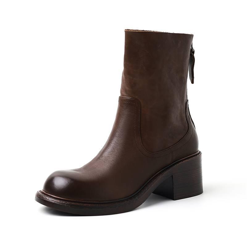 Autumn and winter women's leather boots versatile large size women's boots medium heel round head leather Martin boots new cowhide medium boots women