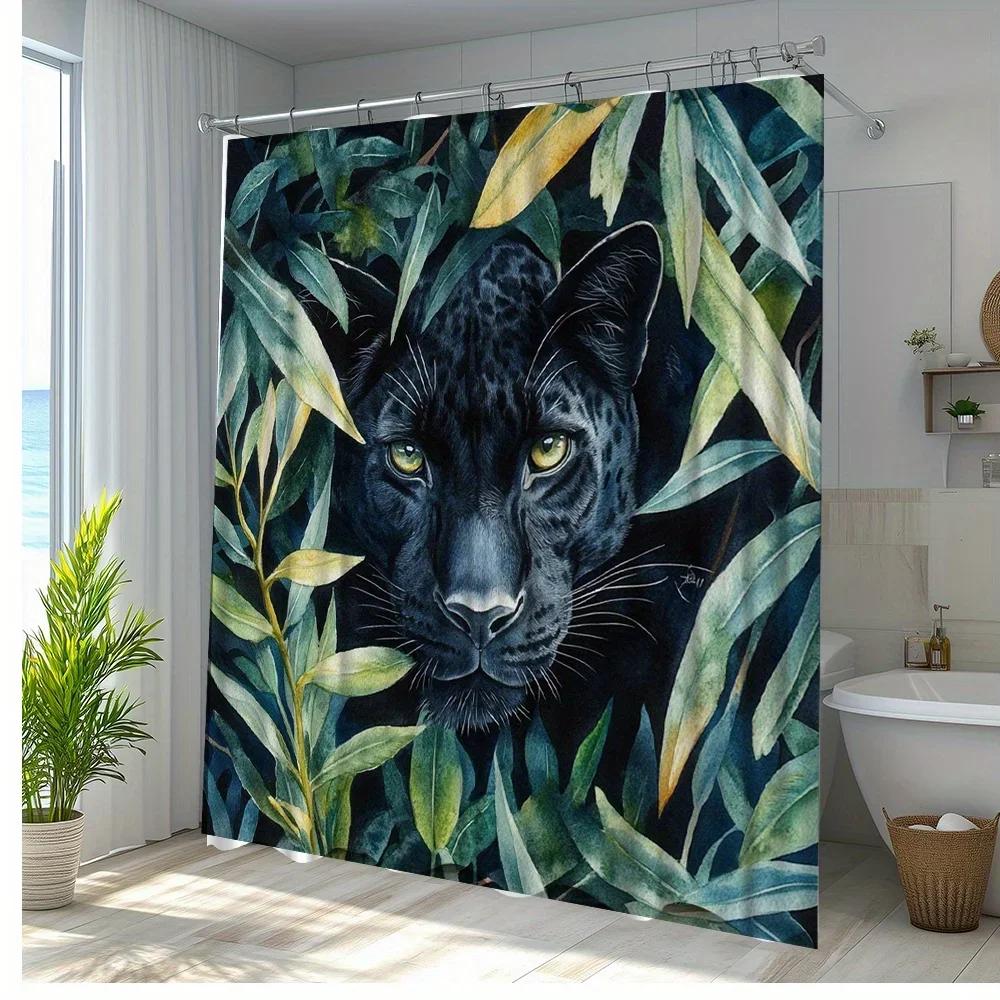 ~O~1pc Black Panther Jungle Shower Curtain with Green Leaves - Bold Exotic Bathroom Decor, 70.8x70.8 Inches, Machine Washable Fa