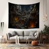 2D Dark Fantasy Unterirdische Burg Wandteppich, Gotische Ruinen & Dämmriges Licht Druck Wandkunst für Zuhause & Wohnheim