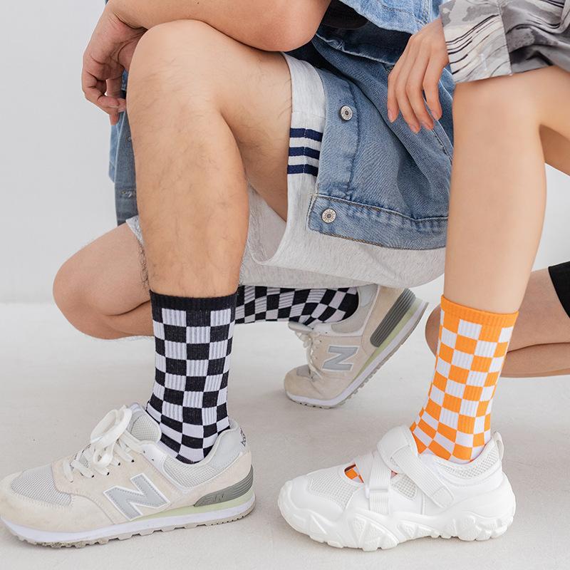 3 Pairs Women Cotton Socks Funny Black White Squares Plaid Casual Socks Breathable Middle Tube Socks