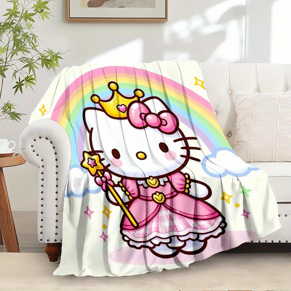

For Princess, Rainbow, HelloKittyAnime-Themed Flannel Blanket, Glam Style, Digital Print, All-Season Comfort, Tear-Resistant, Knitted Crafts 130x150cm