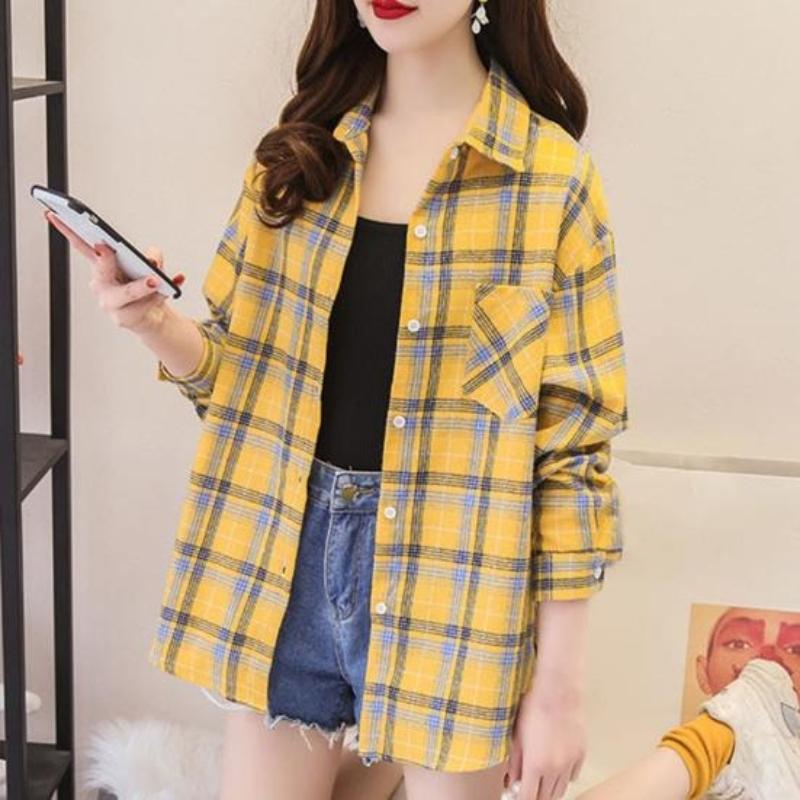 Spring and Autumn Plaid Shirt Women's Loose Versatile Slimming Harajuku Style Brushed Long Sleeve Top Jacket