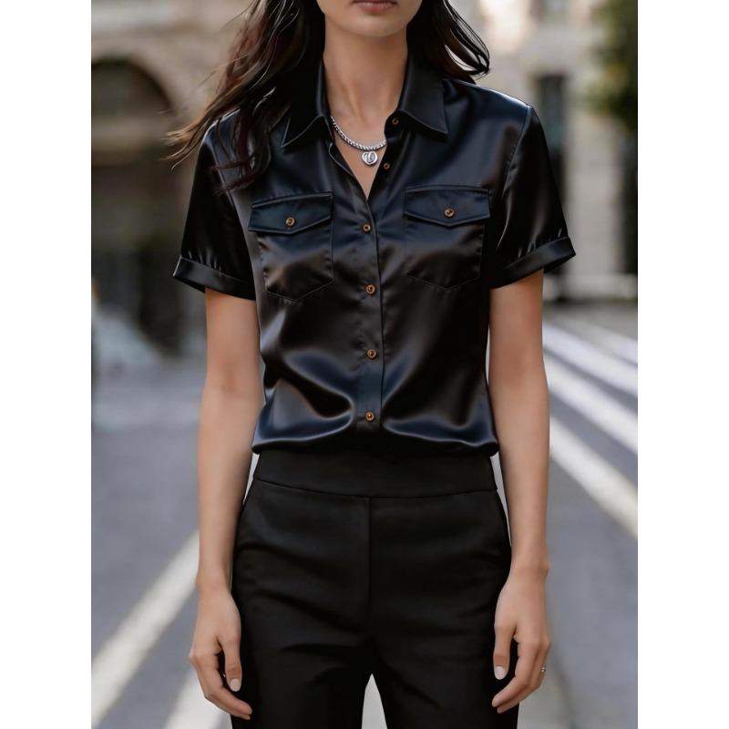 Elegant Satin Short Sleeve Shirt With Chest Pockets