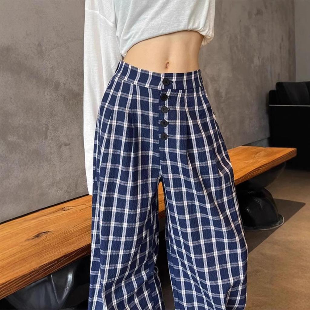 Women's Blue Retro Plaid Double-Breasted Wide-Leg Pants - Zhao Lusi Spring & Autumn Style