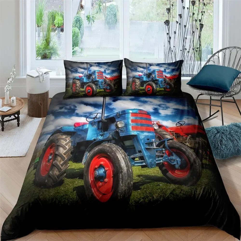 Retro Tractor King Queen Duvet Cover Automotive Bedding Set Engineering Vehicle Quilt Cover Farm Tool Cart 3D Polyester Quilt Cover
