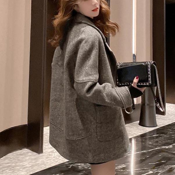 British Style Gray Coffee Suit Woolen Coat Women's Autumn and Winter Thick Loose Casual Suit