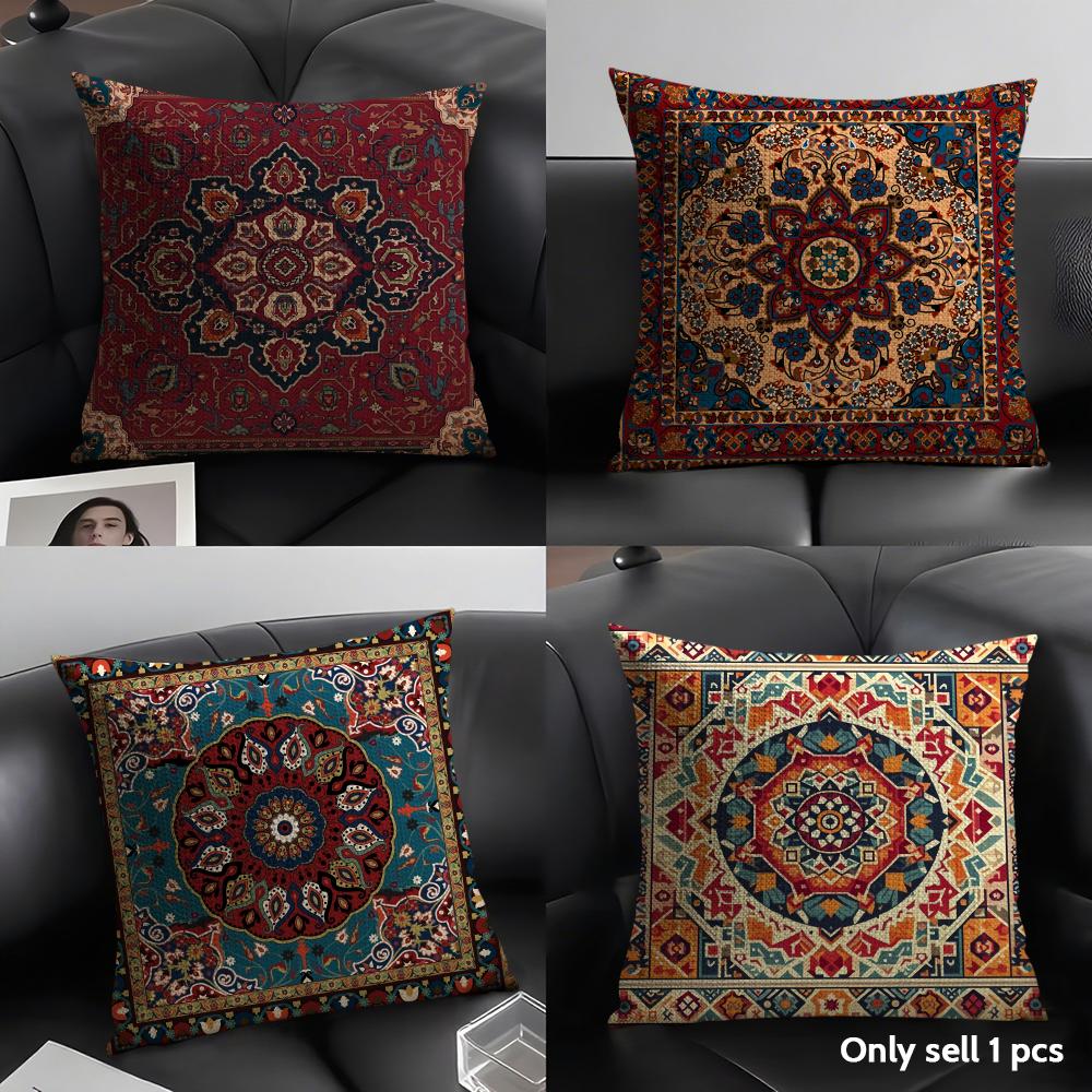 Bohemian Check Pattern Cushion Cover Natural Linen Organic Fabric DoubleSided Printing Sofa Home Decor Gift Pillow Case