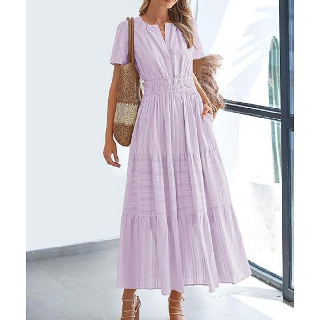Women V-Neck Maxi Dress with Ruched Puff Sleeves for Casual Summer Wear