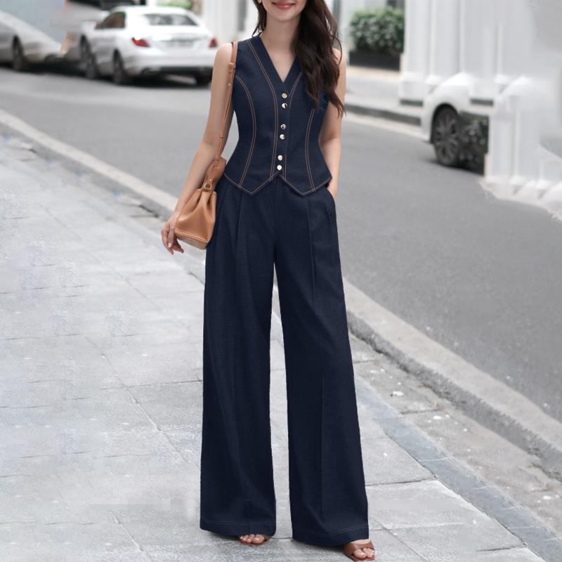 ZANZEA Women Sleeveless Vest Tops and Long Pants Summer Two Piece Suit Sets M темно-синий