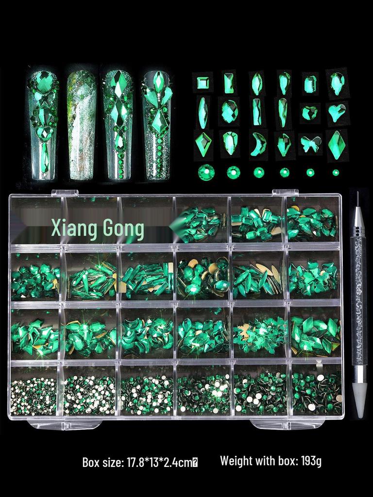Iridescent Nail Art Rhinestone Set: 24 Grids of Mixed Super Sparkle Flat-Back Rhinestones in Special Shapes with Box Packaging.