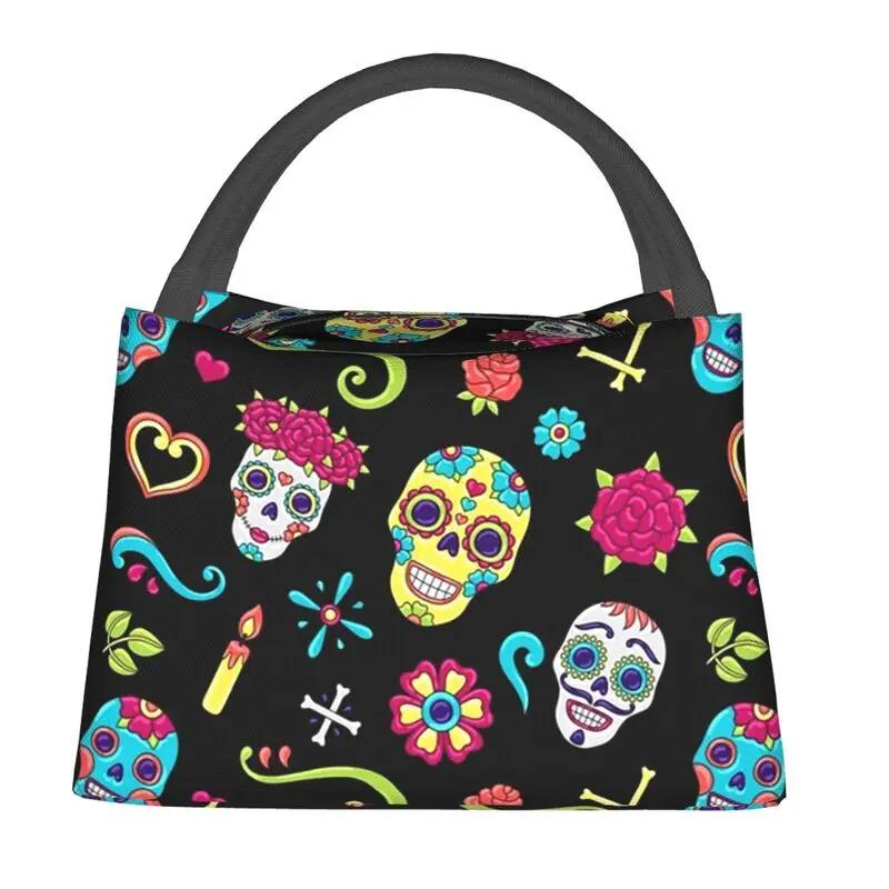 Day Of The Dead Kitten Cat Sugar Skull Thermal Insulated Lunch Bags Women Mexican Halloween Floral Lunch Container for Food Box