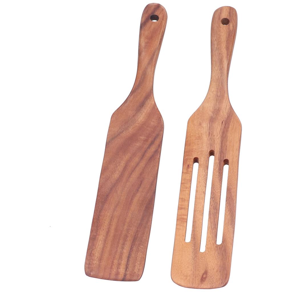 2pcs Slotted Turner Spatula Simple Wooden Spatula with Long Handlefor Cooking Salad Mixing