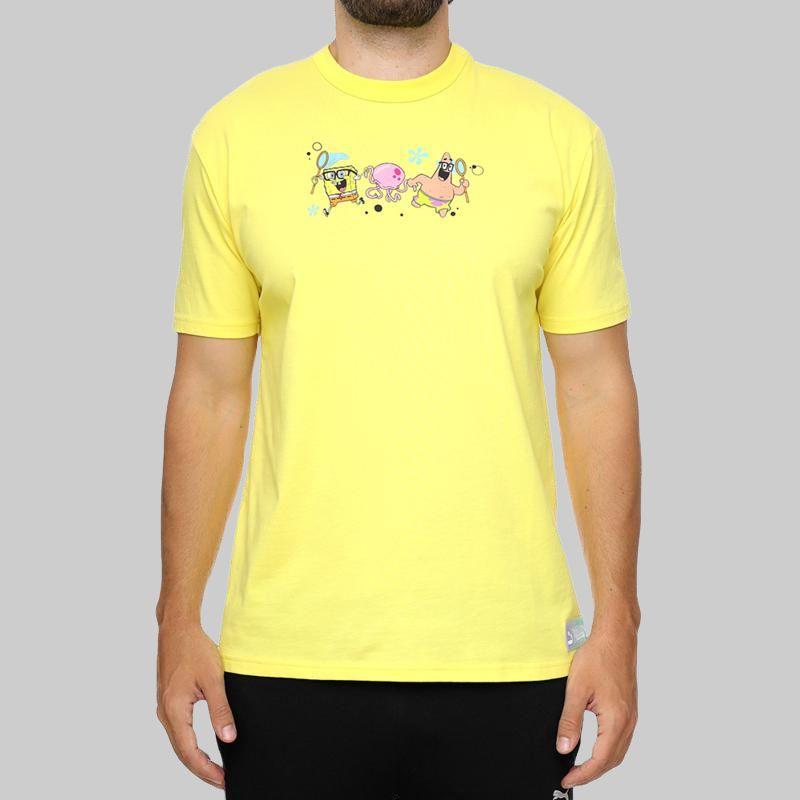 Puma X Spongebob Collaboration Solid Color Cartoon Pattern Printed Round Neck Short Sleeve T-Shirt Men Tops Light-Yellow 538958-60