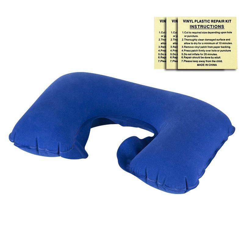 Inflatable flocking U-shaped pillow for outdoor travel. Inflatable pillow for storage and portable rest with leak repair patch
