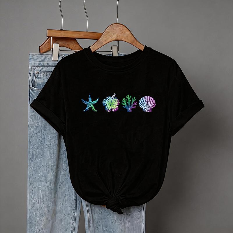 

Womens Casual Minimalist Starfish and Shell Pattern Crew Neck Short Sleeve T Shirt Summer Korean Style Tops Tshirt Y2k Clothes 4XL