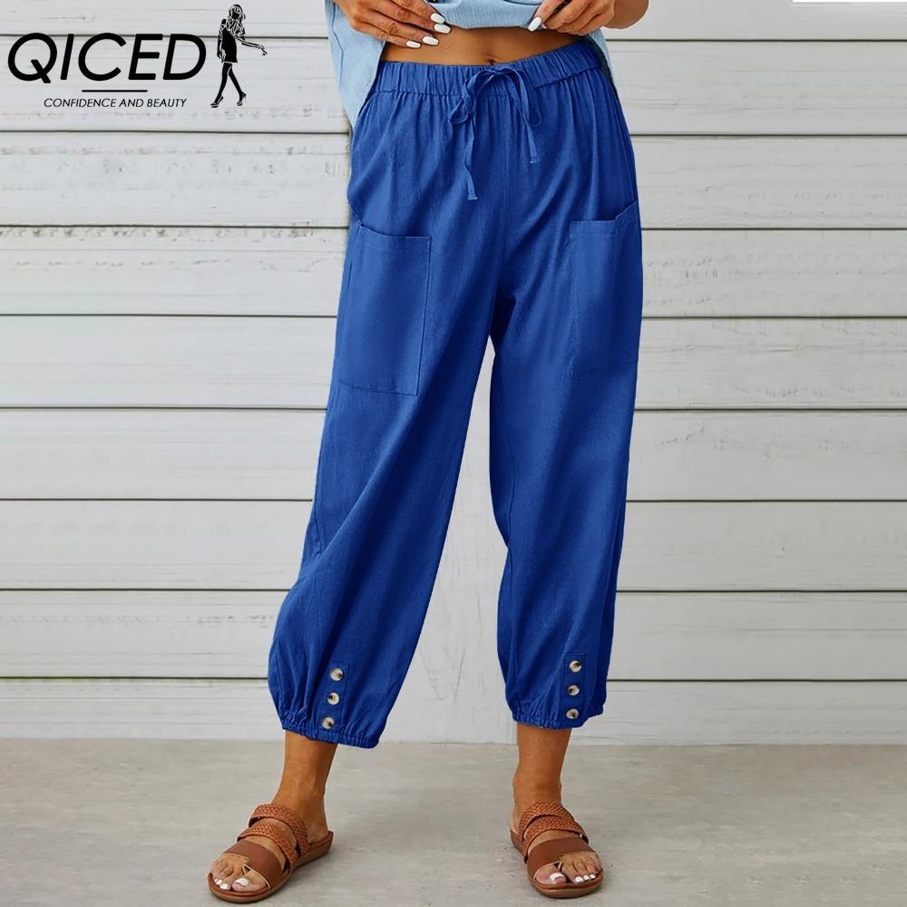 QICED 12 Color Women's Fashion Casual Solid Color Print Pants & Capris