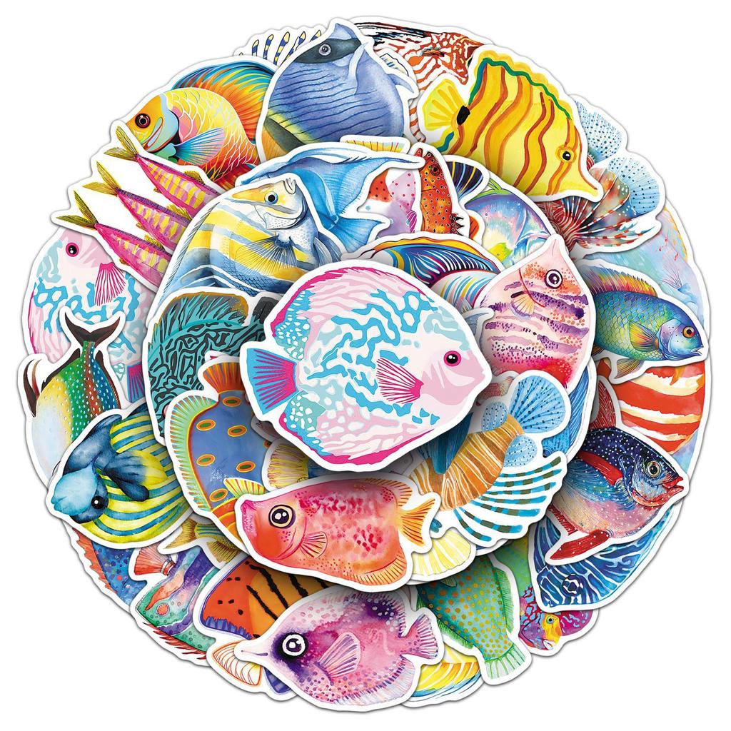 50 Cartoon Fish Stickers: Waterproof Marine Life for Decorating Refrigerators, Water Cups, and Journals.