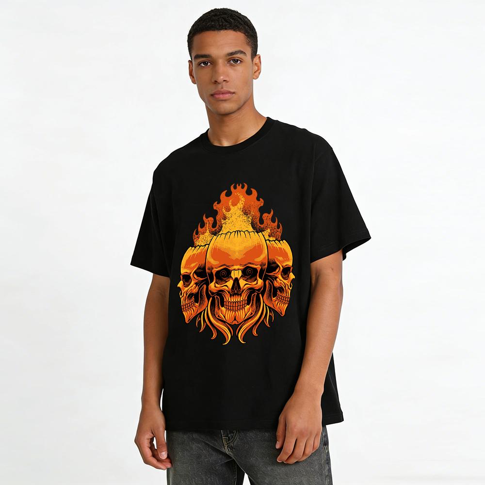 Vintage Flame Three-Headed Skull Print Dark Style Men's Casual Tee Pure cotton T-shirt
