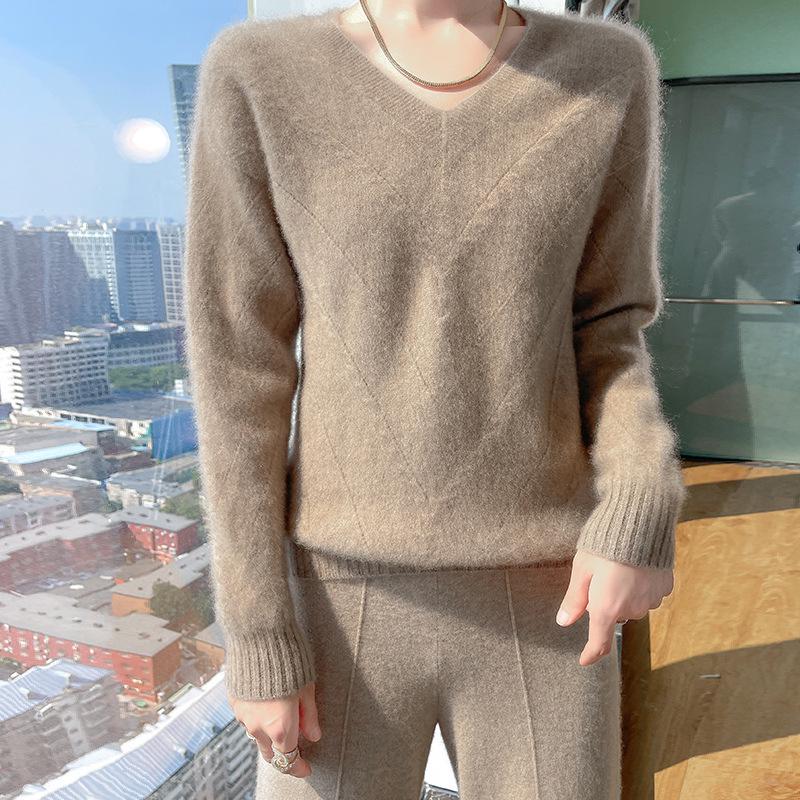 Women's Australian Pure Wool V-Neck Sweater - Autumn/Winter Loose Knit Long Sleeve Outerwear