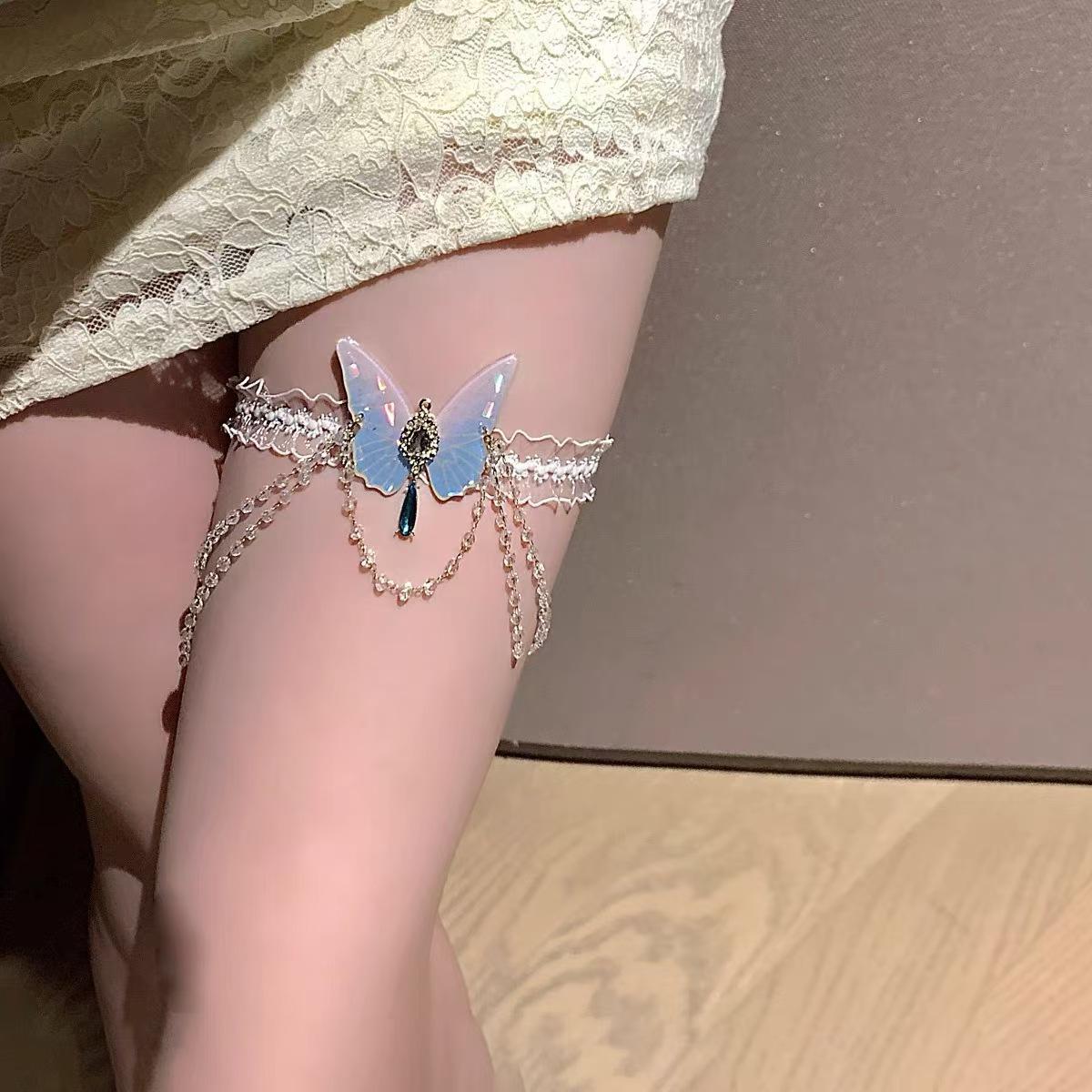 Blue Crystal Butterfly Lace Arm Chain Bracelet with Tassel