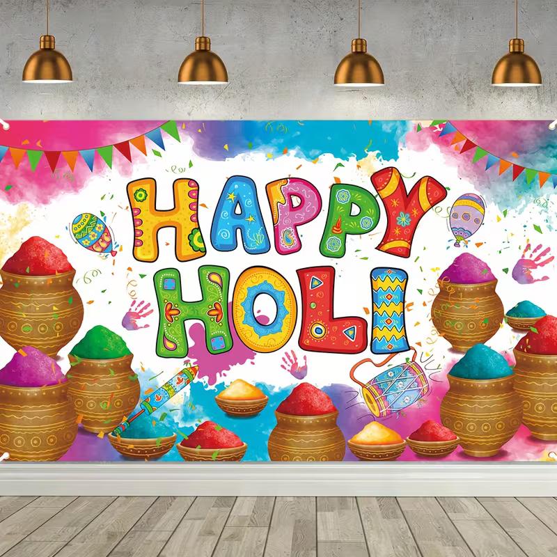 2D Holi Festival Party Backdrop Colorful Watercolor Happy Holi Banner Photo Booth Background 47.2x31.5inch/120*80cm