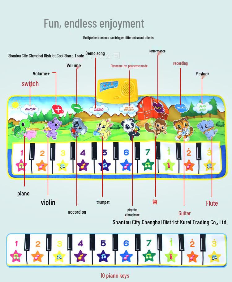 Green Animal Piano Pad: 100x36CM Children's Musical Instrument Carpet