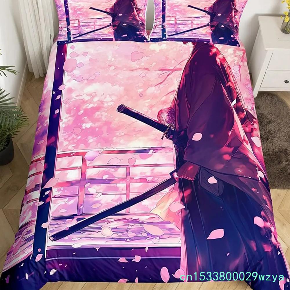 Japanese Samurai Bedding Set Full Size Cherry Blossoms Comforter Cover Red Sun Hokusai Duvet Cover Fuji Mountain Quilt Cover