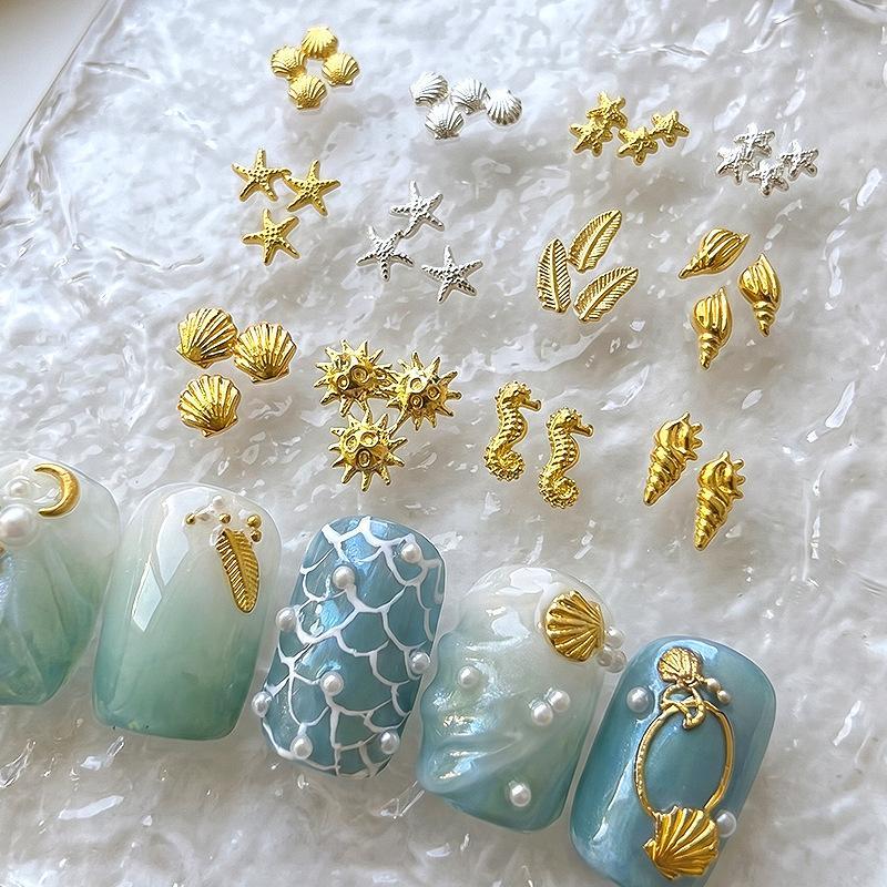 3D Mini Pure Gold Seahorse Shell Nail Charms Creative Copper Slice Conch Star Alloy Nail Art Decorations Diy Y2K Nails Supplies