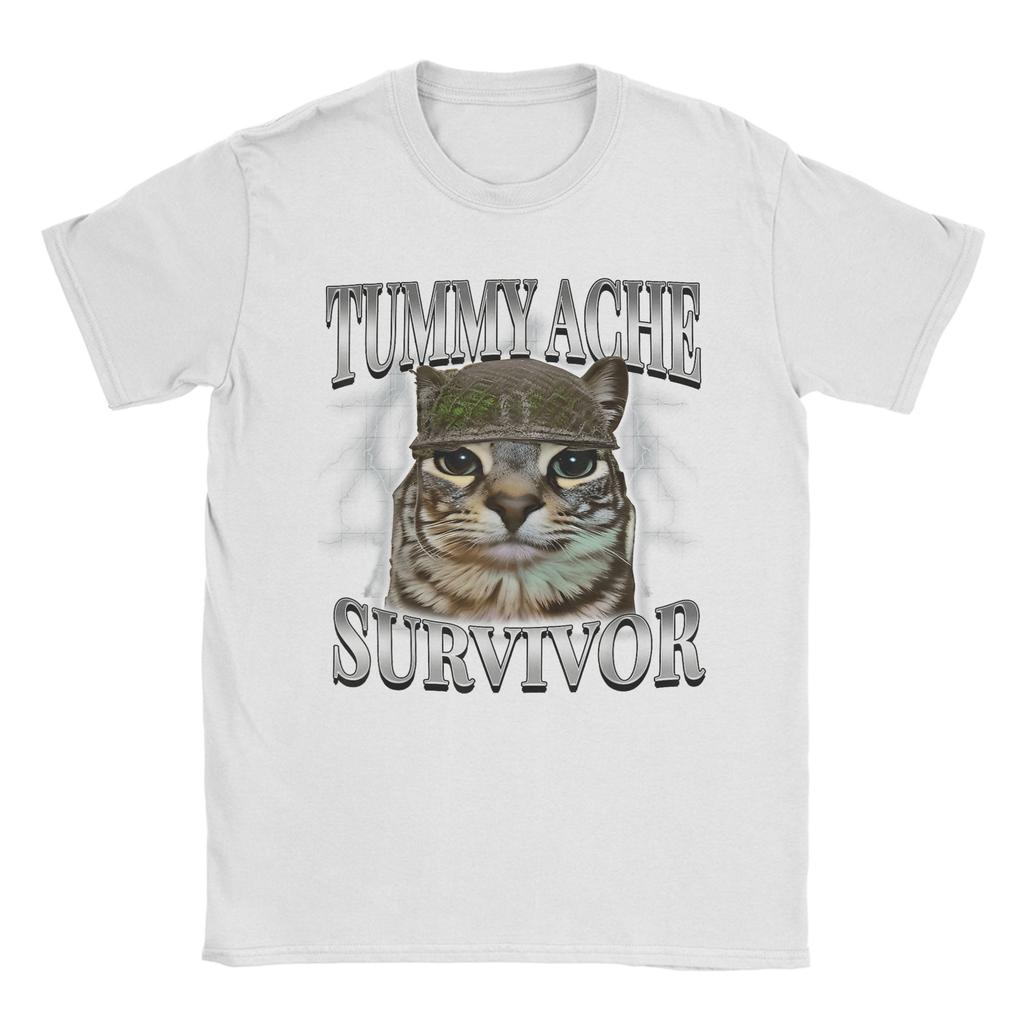 Tummy Ache Survivor Cat Meme Funny Saying Cats Animals T Shirt Summer Pure Cotton T-Shirts for Men's Trending Casual Tee Shirt
