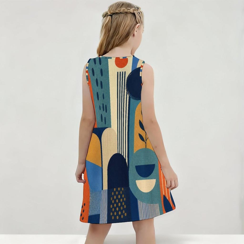 Girls Round Neck Sleeveless Geometric Printed A Line Flared Dress Blue Orange Beige
