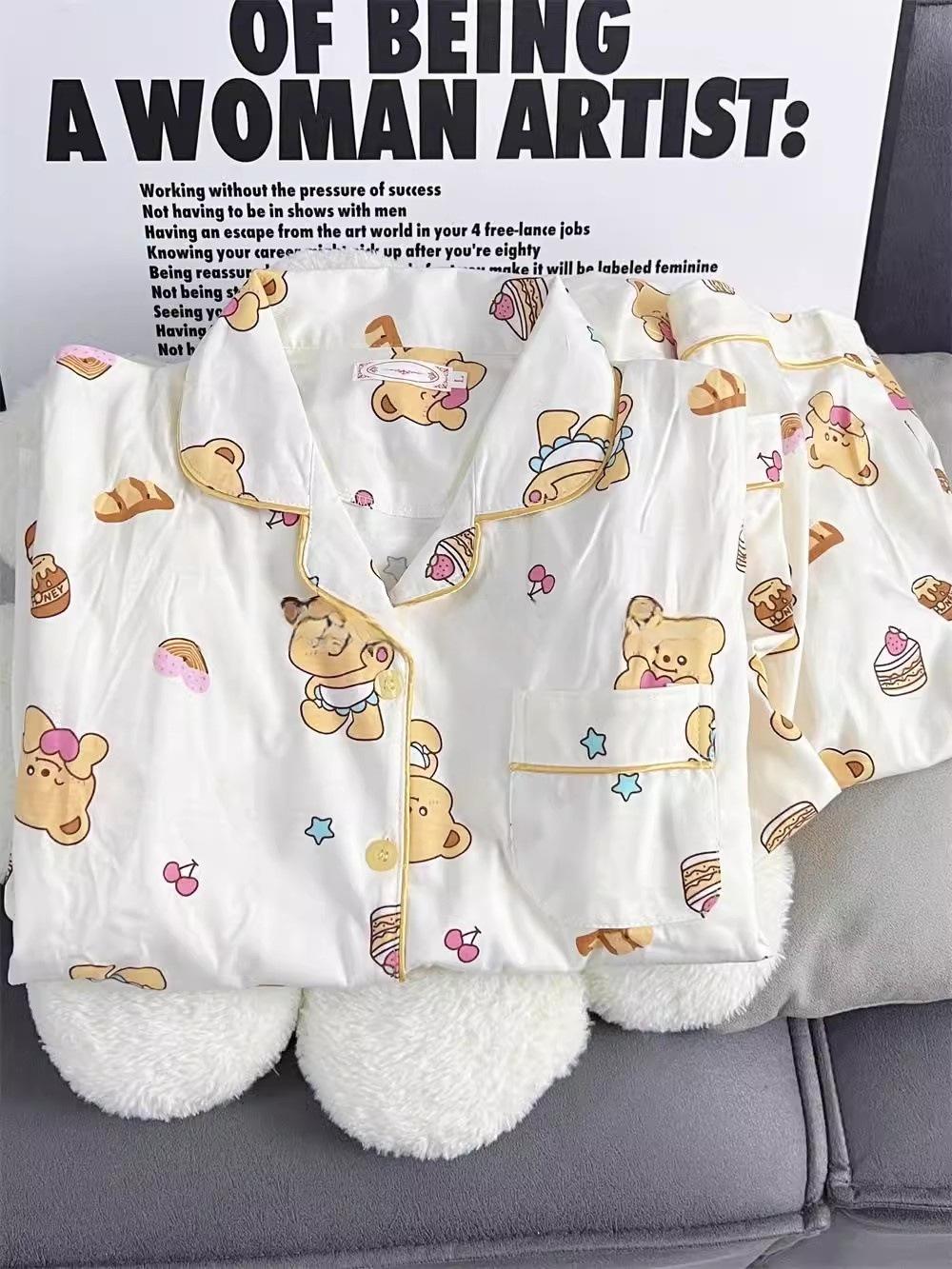 

Soft cute princess wind sweet cute honey bear pajamas women s summer short-sleeved shorts two-piece cardigan loungewear S