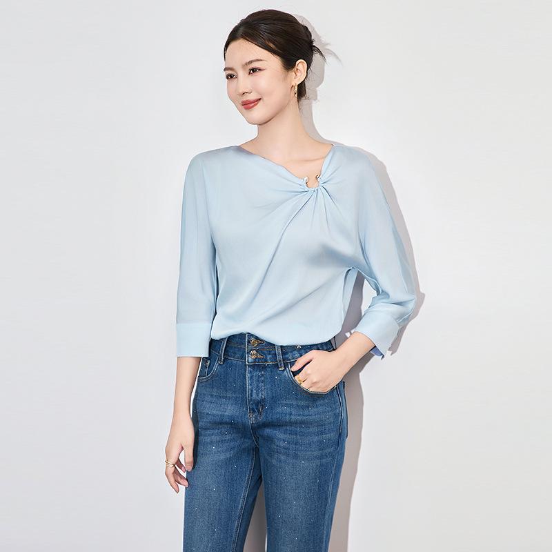 

Элегантный топ с жемчугом, асимметричным вырезом и рукавами длиной семь восьмых Large синий