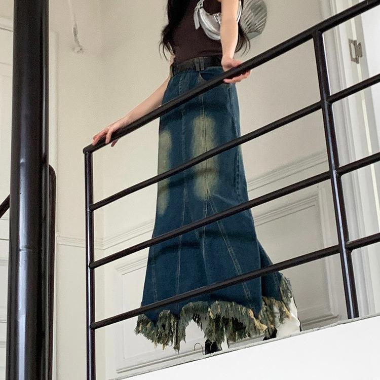 Asymmetrical Hem Denim Skirt Women Long Fringe  Skirts Trendy Outfit Clothes