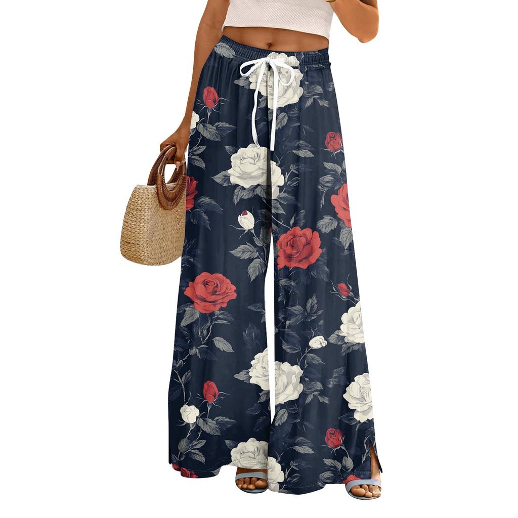 Women's Loose Casual Floral Print Wide Leg Pants With Elastic Waist Drawstring And Pocket Pants