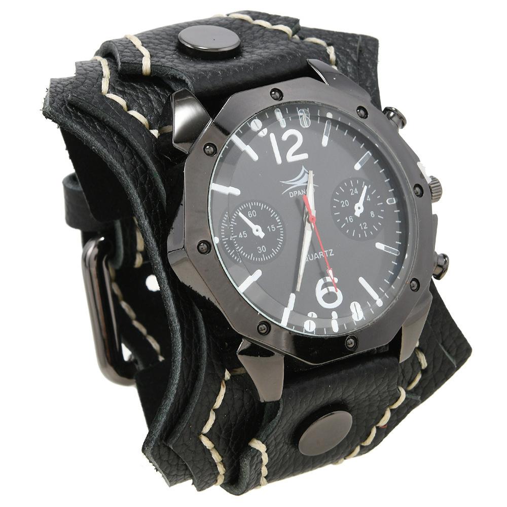 

European and American new accessories retro multi-layer hand-stitched cowhide watch exaggerated punk rock style men s bracelet watch чёрный