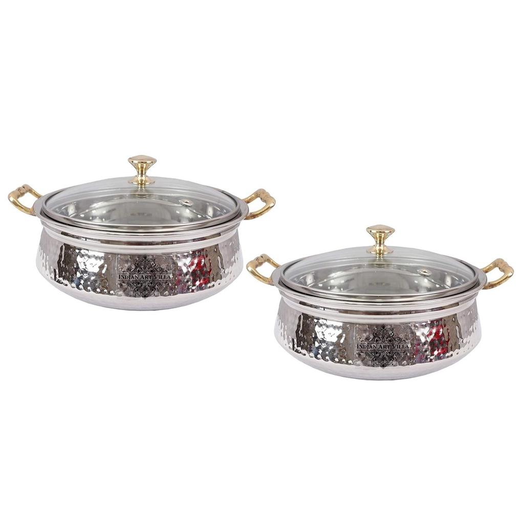 Stainless Steel Hammered Design Handi/Bowl/Casserole with Toughened Glass Lid & Brass Knob & Handles, Volume-400 ml