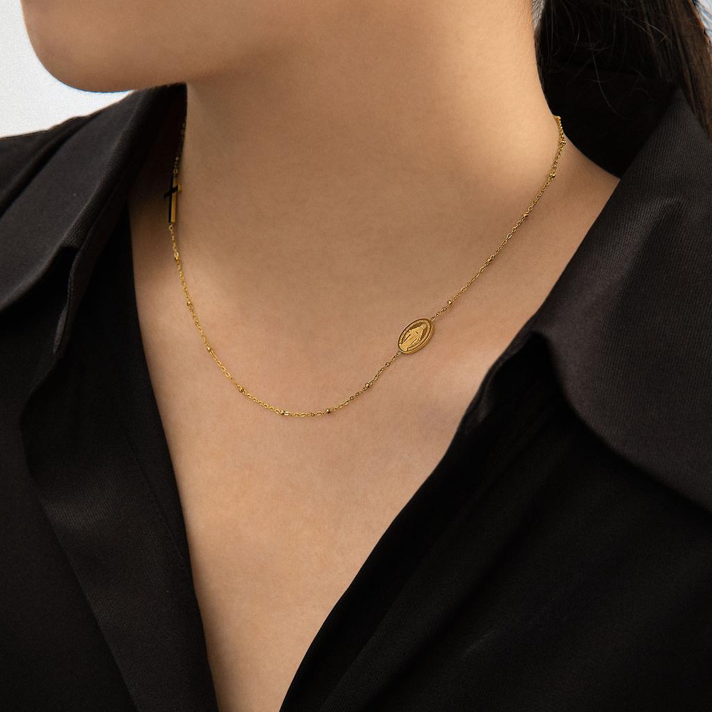 316lstainless Steel Virgin Mary Shape Pendant Jesus Cross Ball Necklaces Collarbone Chain Steel Gold Plated Irregular For Women