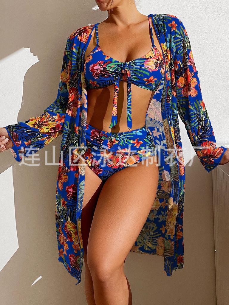 Long blouse split three-piece printed sexy swimsuit women's bikini new