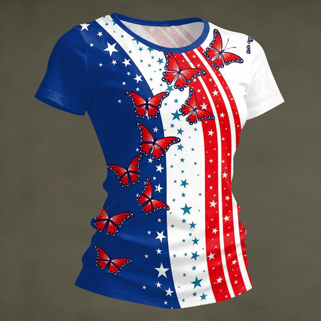 Women's Fashion Round Neck Independence Day Print Short Sleeve Loose Crewneck T-Shirt Top
