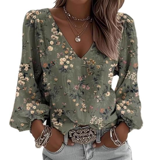 Yousheng Women Tops Retro Floral Print Puff Long Sleeve Shirt V-neck Loose Fit Casual Blouse Breathable Daily Wear